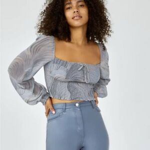 Aritzia Saga Gray Blue Swirl Smocked Blouse with Square Neckline XL